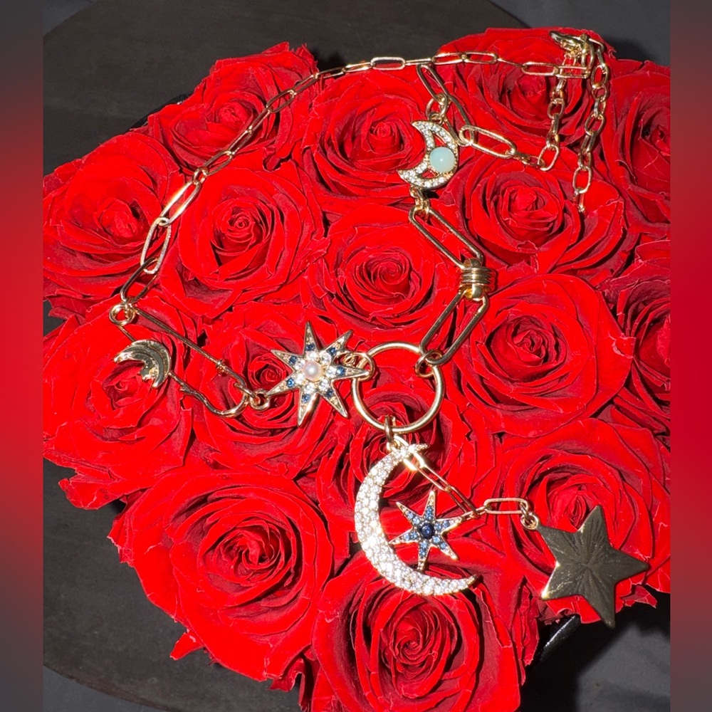 Celestial Charm Statement Necklace Gold Tone Moon… - image 1